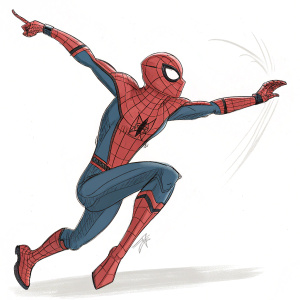 A simple sketch of Spider-Man. Leaping action pose, bold red and blue colors. Blank canvas background.