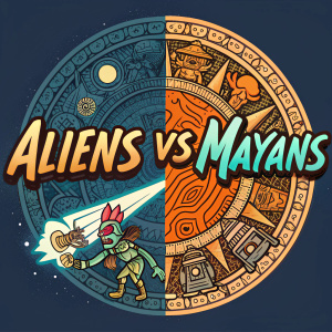 A vibrant logo featuring a clash between ancient Mayan glyphs and futuristic alien elements. The text 'Aliens vs Mayans' is prominently displayed in an artistic font. The background is a blend of earthy tones and bright colors like blue and orange, symbolizing a cosmic battle between past and future.