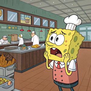 SpongeBob SquarePants hiding his face with his hand, looking worried. In a bustling Krusty Krab kitchen.