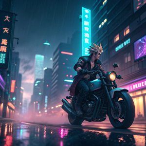 Colorful digital illustration. Cloud Strife from Final Fantasy VII riding his motorcycle through neon-lit cityscape at night.