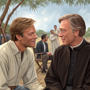 Richard Chamberlain and Christopher Plummer on the set of 'The Thorn Birds'. Casual gathering of actors in the background.