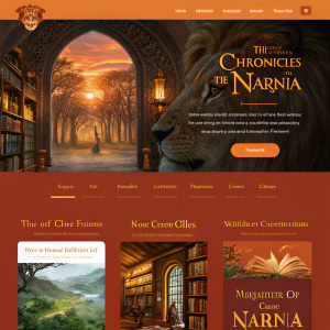 Screenshot of official The Chronicles of Narnia website. Features richly illustrated fantasy elements, book covers, and music clips. Warm, inviting color scheme with orange hues.