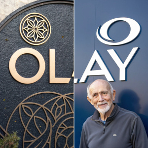 Before and after transformation of Olay logo. Old logo features intricate metallic design, new iteration streamlined with navy blue backdrop and white text.