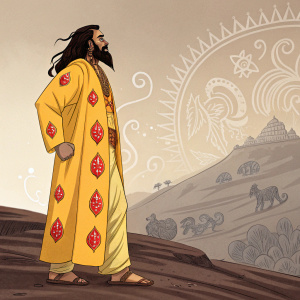 Digital artwork depicting Ravana, a mythical figure, standing on an ancient battlefield. He has a long dark beard and hair, wearing a yellow robe with red gem-like patterns. Background features detailed, stylized Indian art motifs.