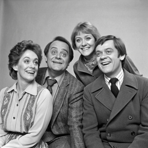 Vintage photograph of Oona Kirsch, David Jason, Diane Langton, and Nicholas Lyndhurst from 'Only Fools and Horses'. Studio setting, black and white