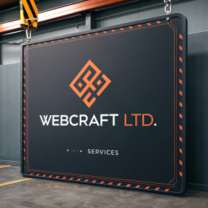 Logo and branding for WebCraft Ltd. Features sleek, modern design with a unique symbol and company name in bold, sans-serif font. Dark background with vibrant orange accents. Includes list of services in organized, easy-to-read format.