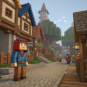 Pixel art illustration of a Minecraft character in a bustling medieval village. Character wearing a distinctive blue shirt, brown pants, and a red hood. Background features cobblestone pathways, wooden fences, and a variety of pixelated villagers.