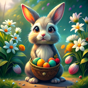 A cute, fluffy Easter bunny holding a wicker basket filled with colorful Easter eggs, standing next to a blooming spring flower.