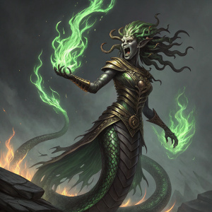 A terrifying gorgon in a detailed digital illustration. The creature is metallic, with a dramatic pose and fiery green flames surrounding it. Set against a dark grey backdrop, inspired by Dungeons and Dragons fantasy art.