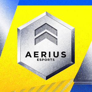 Aerius Esports logo on neon green background. Modern hexagonal emblem with bold geometric design and sleek font.