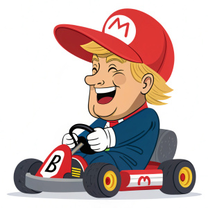 Donald Trump, Mario Kart character, wearing large red cap, cheerful expression