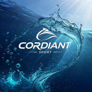 Cordiant Sport logo featured prominently on a gradient background of deep ocean blues with animated water particles swirling around it.