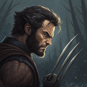 Illustration of Wolverine from X-Men. Dark, foreboding background. Focusing on his intense facial expression and intricately detailed adamantium claws.