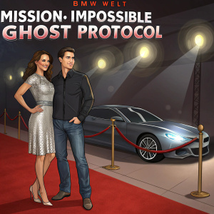 Tom Cruise and Paula Patton at the 'Mission: Impossible - Ghost Protocol' premiere. They stand on a red carpet under bright lights. The background features bold text and a BMW Welt logo. Tom is in dark shirt and jeans, Paula wears a metallic dress.