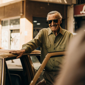 Stan Lee in a casual outfit, posing for a photo. Green shirt, sunglasses. Outside an Audi dealership. Promotional event for 'Ant-Man'