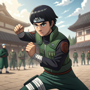 Rock Lee, a ninja, stands firmly with a determined look on his face. Hands and face are in a focused pose as if ready for combat. His features are carefully detailed to highlight his unwavering resolve. The scene takes place in a bustling ninja academy courtyard with fellow students and teachers in the background.