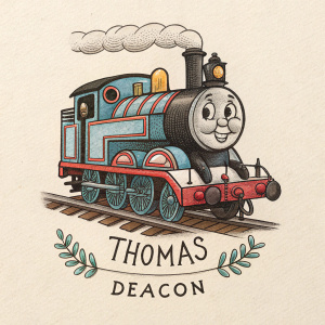 A detailed tattoo of a vintage train engine named Thomas, from the 'Thomas & Friends' series. The name 'Deacon' is written beneath the design.