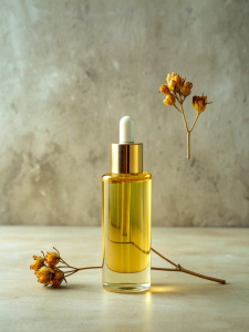 oil for nail in a minimalist style with a dried flower on the background



