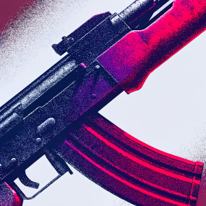 Digital 3D illustration of an AK-47 assault rifle in intricate detail. Grey style against white background.