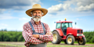 Proud farmer standing in front of his red tractor