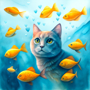 CAT UNDER WATER WITH FISH