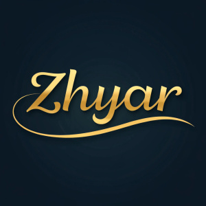 Vector graphic design of ZHYAR logo. Golden, sleek script on gradient dark background.