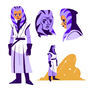 Concept art sketches of a Twi'lek character from Star Wars, various outfits and poses