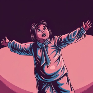 Digital 3D illustration of Jade Chan from 'Jackie Chan Adventures'. Cartoonish design with expressive face and exaggerated pose, arms outstretched. She wears a plain gray outfit with a shirt and tie detail. Background is a minimalist solid black.