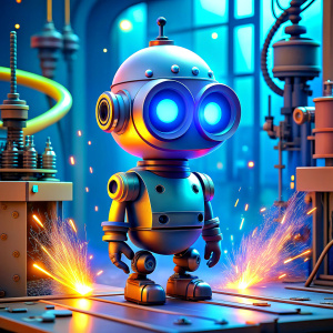 robot, round robot, engineer, internal factory, sparks, tools