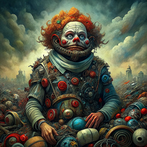 a haggard clown on a pile of junk