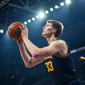 Jon Teske, Michigan basketball player, intense focus. Dark blue jersey, yellow number. Mid-court shot.