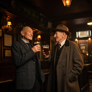 Sir Patrick Stewart and Sir Ian McKellen standing in a vintage London pub, sharing a toast. The pub is dimly lit with warm, amber light casting shadows on their faces.