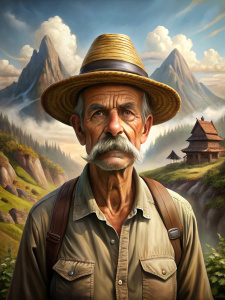 Photo realistic, adult man with mustache in straw hat, in the ukrainian mountain’s camp