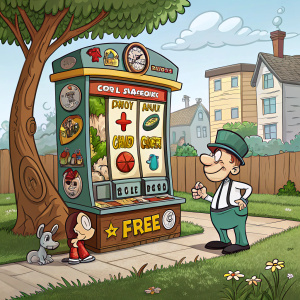 Cartoon-style slot machine interface featuring Andy Capp theme. Vibrant display with playful graphics and characters. Includes start button, bonus symbols, and free spins section. Set in an outdoor scene with grass, tree, and simple buildings.