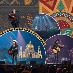 Album cover featuring various artists performing at Los Tigres Del Norte's MTV Unplugged special. Diverse background elements including iconic landmarks and vibrant concert scenes.