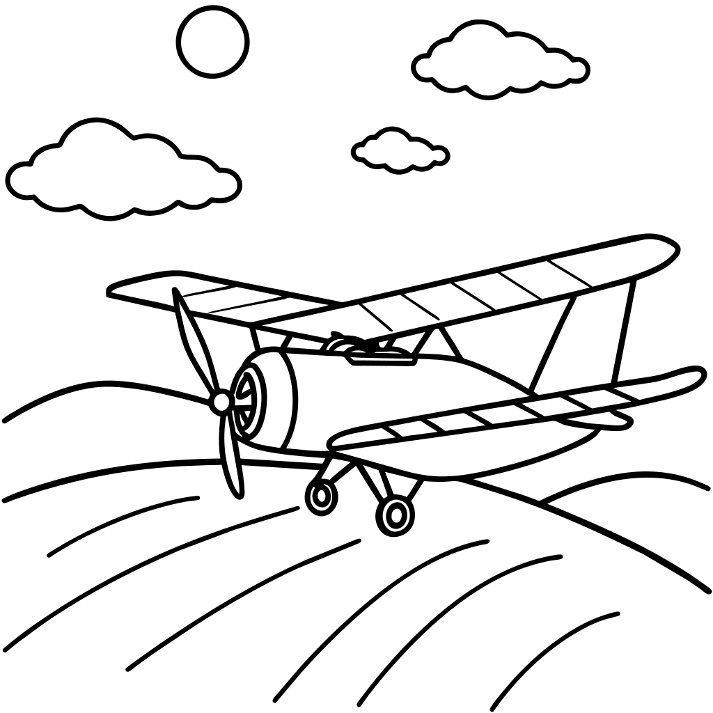 Draw a vintage biplane flying low over a golden field at sunset, with ...