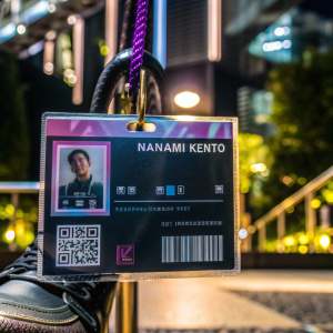 A sleek, modern ID card featuring Nanami Kento. Dark blue card with purple accents, includes QR code for additional details.