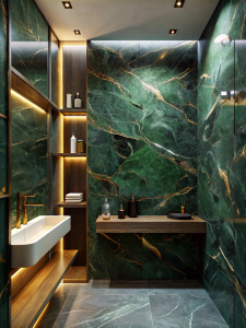bathroom in dark green marble with gold veins in the foreground there is a marble shelf with nothing on it