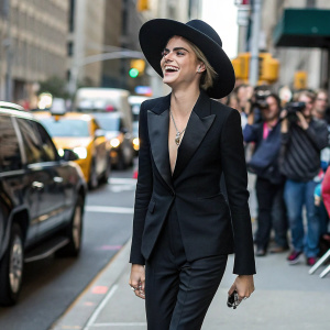 Cara Delevingne, in a black suit and wide-brimmed hat, strolling down a bustling city street with a radiant smile.