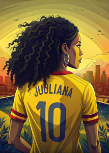 Mujer de espalda cabello negro Crespo, con camiseta de la selección colombiana con el número diez y el apellido Juliana, viendo el partido