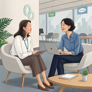 Linda Wong Sau-yung and Eva Leung Yee-wah in a casual office meeting. Linda in a white blouse with a relaxed stance, Eva in a blue shirt with a matching posture. The background features modern office furniture and subtle business logos.