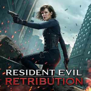 Movie poster for Resident Evil Retribution. Milla Jovovich, in a black outfit, poses heroically amidst a shattered urban landscape. Dark tones dominate the background with hints of red. Debris scattered everywhere. At the bottom, bold text reads 'Resident Evil Retribution'