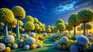 beautiful photorealistic garden, hydrangeas, trees, flowering,