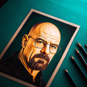 Realistic graphite portrait of Walter White, the main character from Breaking Bad. Bald head, facial hair, and intense gaze are rendered with fine detail. Light background enhances focus on intricate facial features.