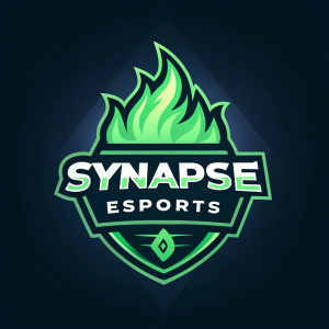 Synapse Esports logo, vibrant emerald-green flame, modern design, energetic vibe, set against a dark background, prominent text, esports brand