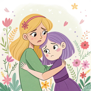 Cartoon illustration of two girls hugging. Blonde-haired girl in green top, serious face. Purple-haired girl in purple dress, worried look. Background filled with vibrant flowers, soft colors. Anime style.