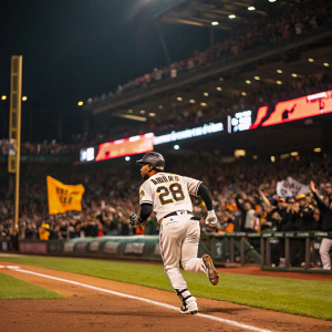 Leury Garcia, wearing jersey number 28, running onto a baseball field amidst a cheering crowd.
