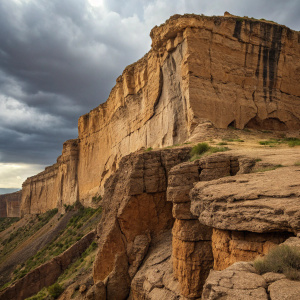 A detailed image of an ancient, weather-worn limestone cliff face. The surface is a patchwork of deep brown and tan hues, showcasing intricate layers and patterns formed over millennia.
