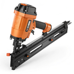 High-resolution image of the orange and black Freemar PFR2190 framing nailer. Sleek industrial design. Powerful motor and robust build for framing work. Detailed design elements.