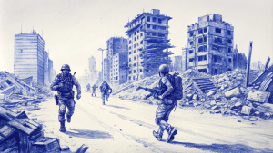 Soldiers are running through the streets of a destroyed city, medium plan